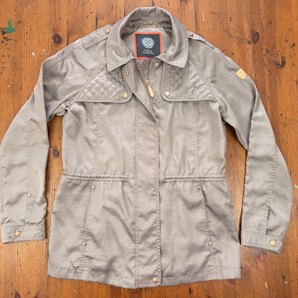 Vince Camuto Womens Taupe Gray Quilted‎ Utility Jacket Gold Hardware Size M